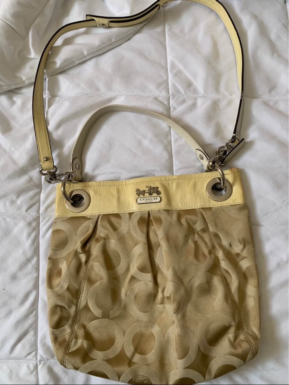 Coach Beige Signature Shoulder Bag with Pale Yellow Trim